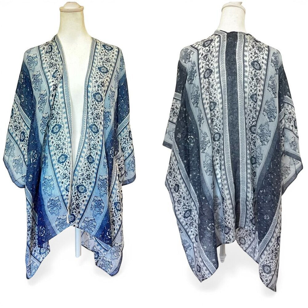 Lucky Brand Blue Boho Kimono OS Festival Coastal Grandma Flowy Vacation Resort - Picture 2 of 7